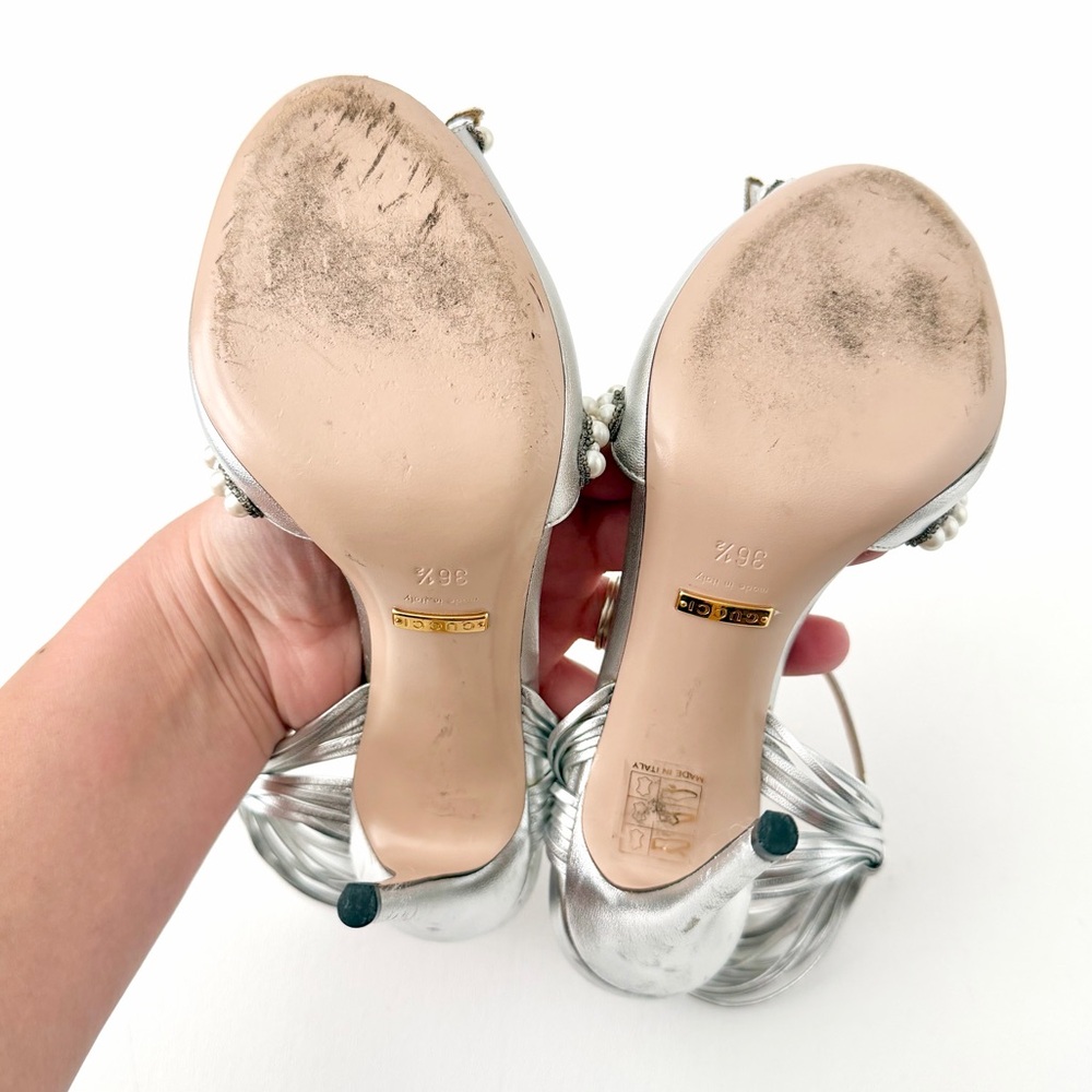GUCCI || Allie Bow Metallic Pearl Crystal Sandals Silver Strap Heels  EU 36.5 - Picture 13 of 15